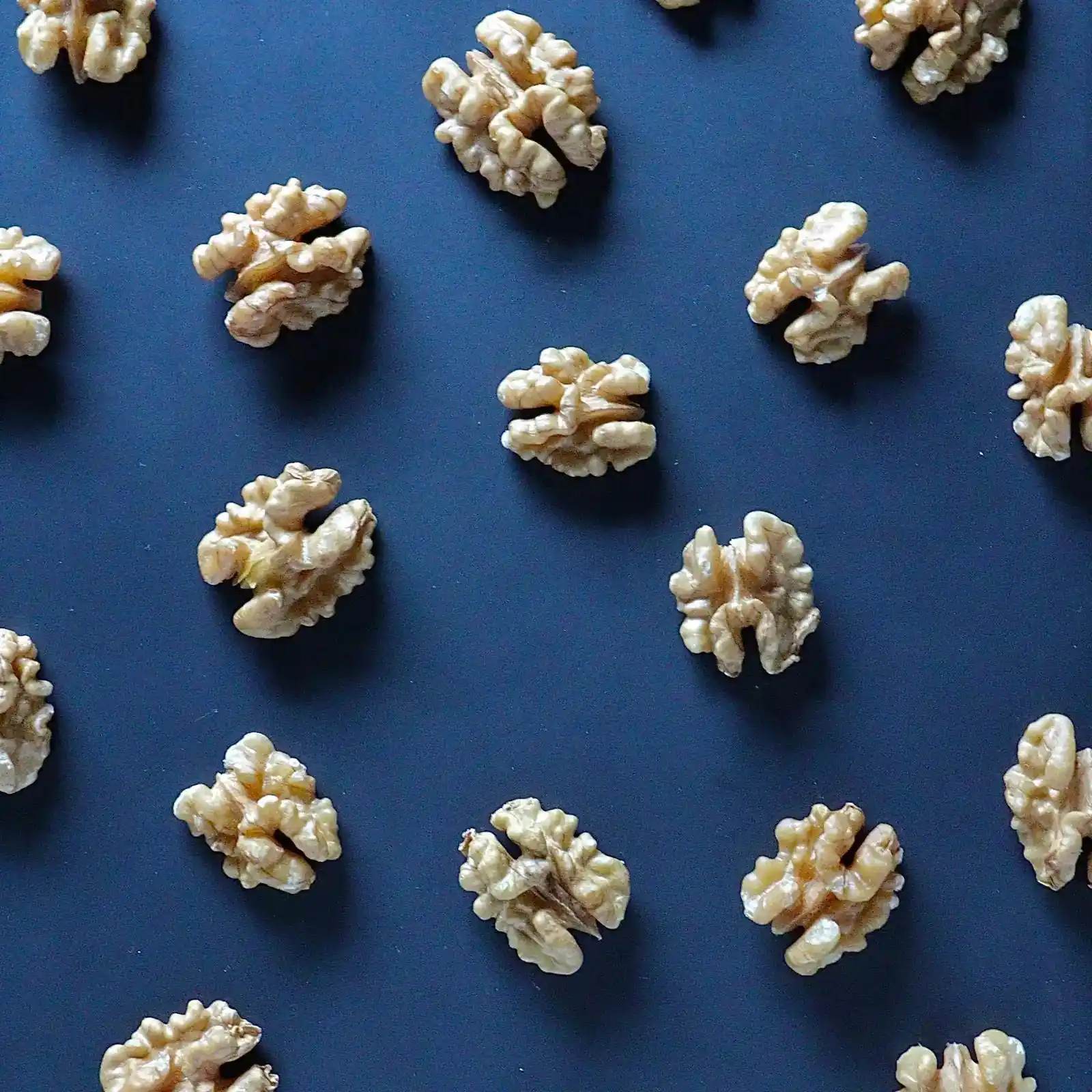 Shelled walnut halves on a blue background
